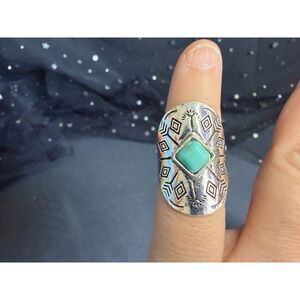 Turquoise Look Ring Size 5.5, Silver Tone Geometric Statement Ring